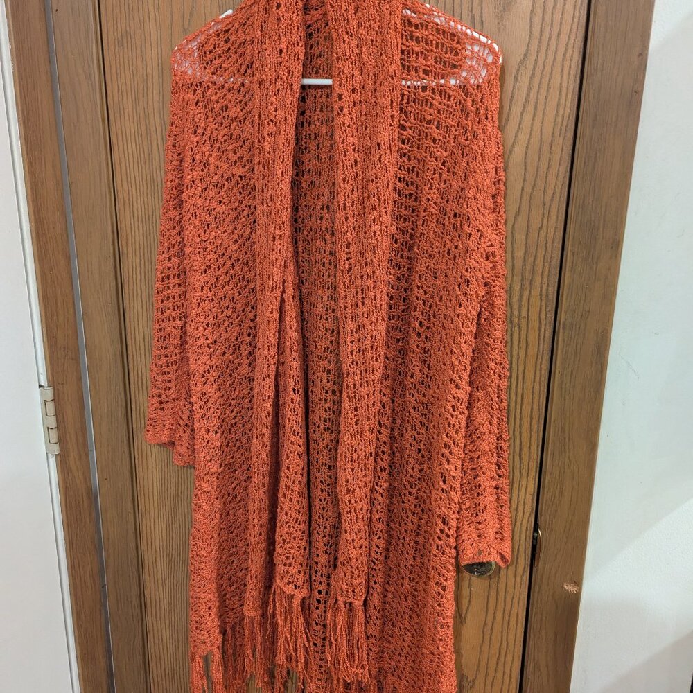 Sivana Handwoven Riva Open Knit Duster Cardigan Rusty‎ Orange Fringe-OS